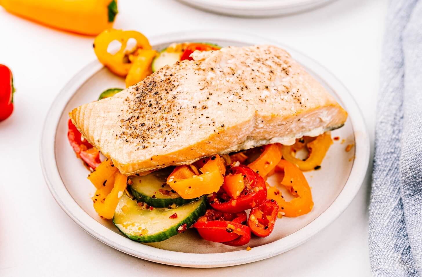 Cucumber Sweet Pepper Salad with Air Fried Salmon